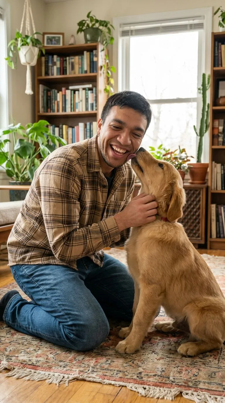 AI Bumble photo of a man playing with a golden retriever puppy in a cozy book-lined living room