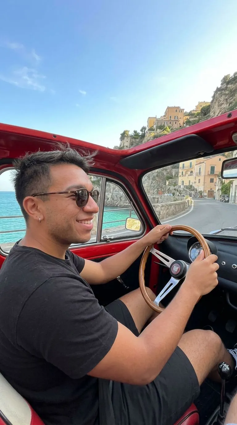 AI Bumble photo of a man driving a vintage Fiat 500 along the Amalfi Coast