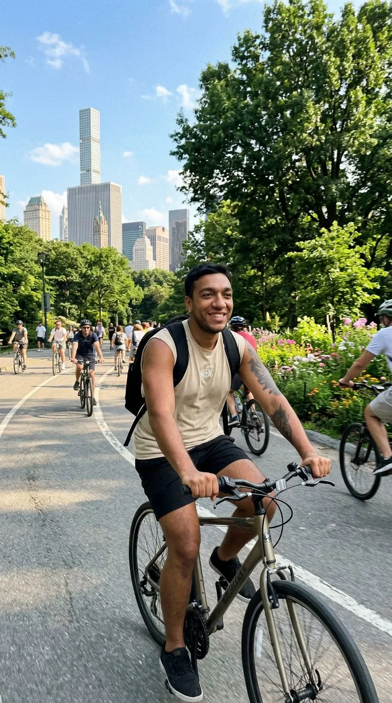 AI Bumble photo of a man cycling through Central Park in summer