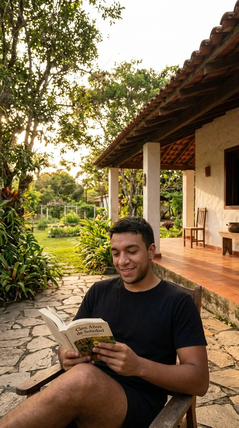 AI Bumble photo of a man reading a novel on a sunny country porch
