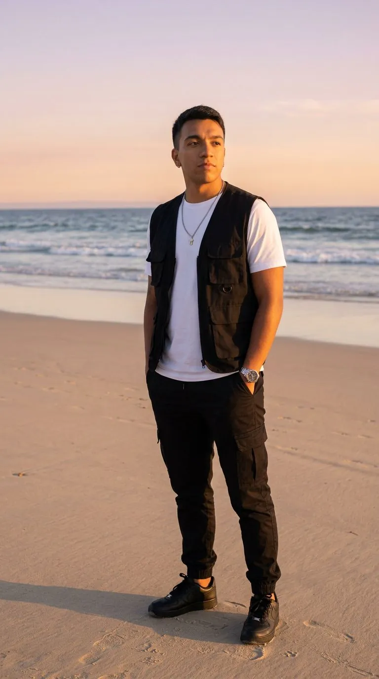 AI Bumble photo of a man at the beach at golden hour