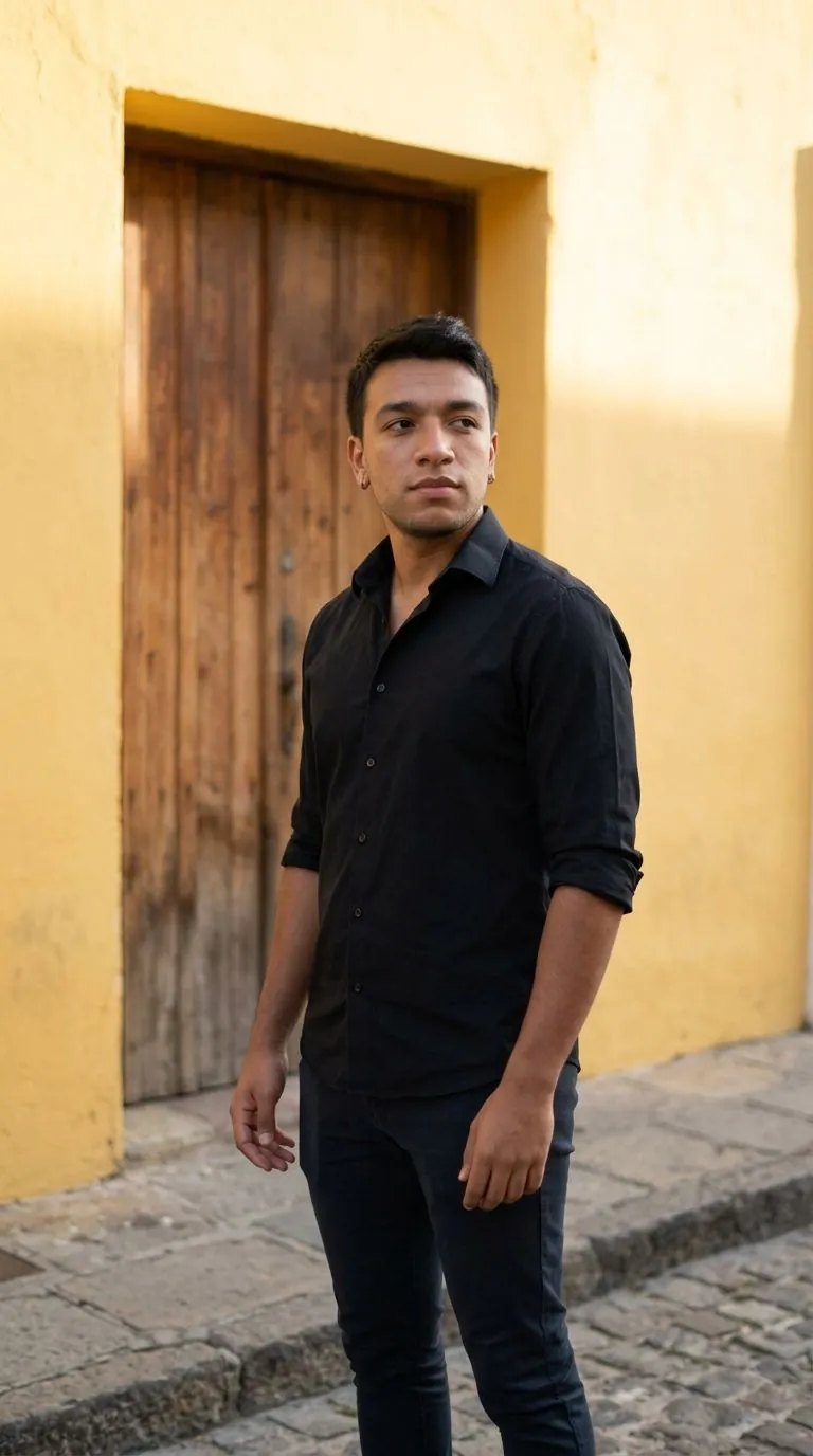 AI Bumble photo of a man in front of a colorful colonial wall and wooden door