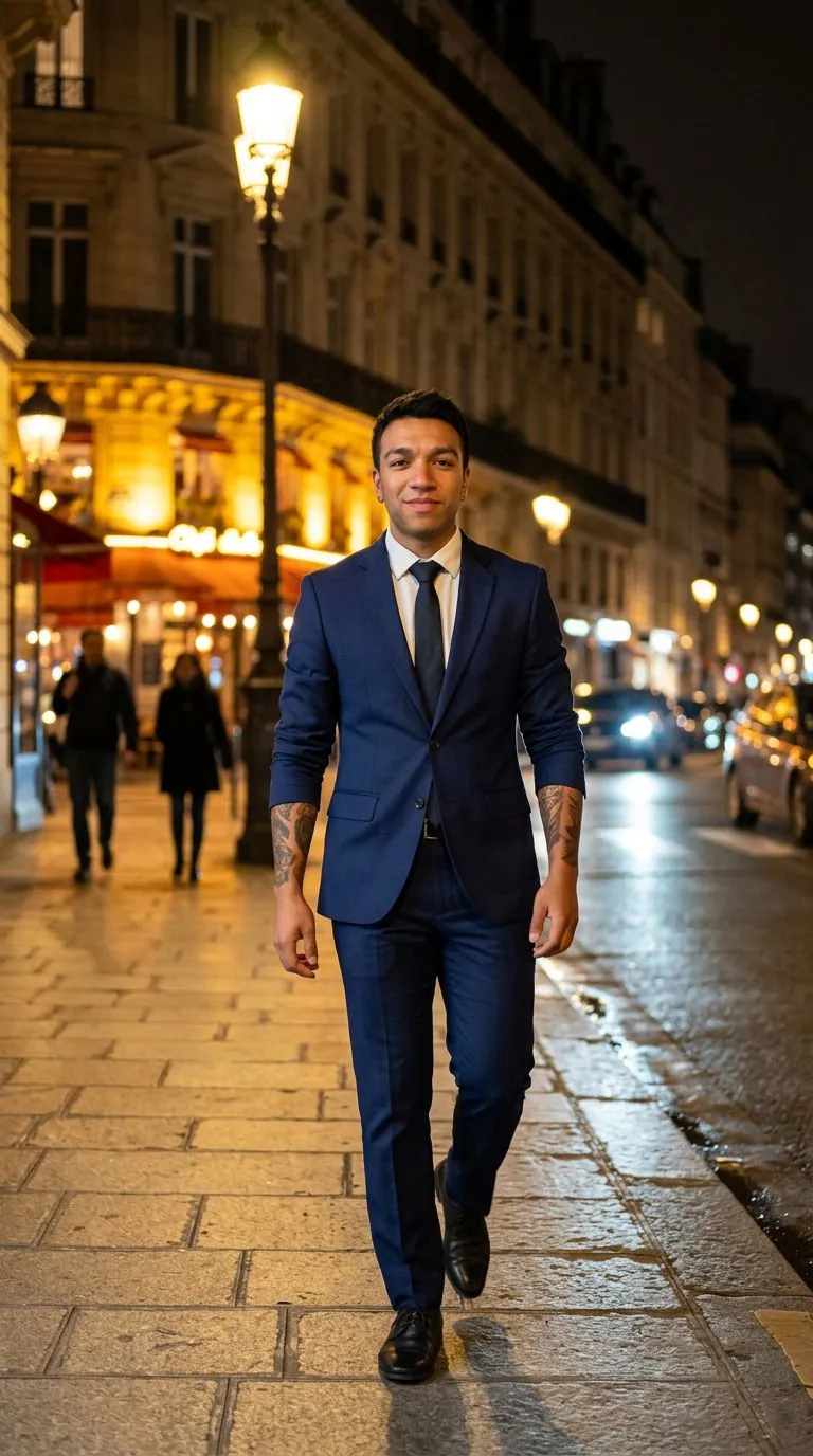 AI Bumble photo of a man walking down a Paris street at night in a navy suit
