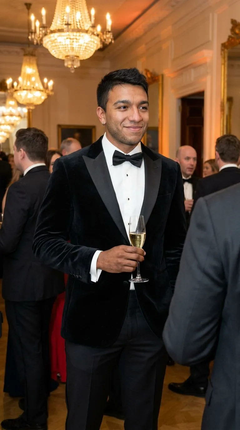 AI Bumble photo of a man in a black velvet tuxedo at a chandelier-lit gala