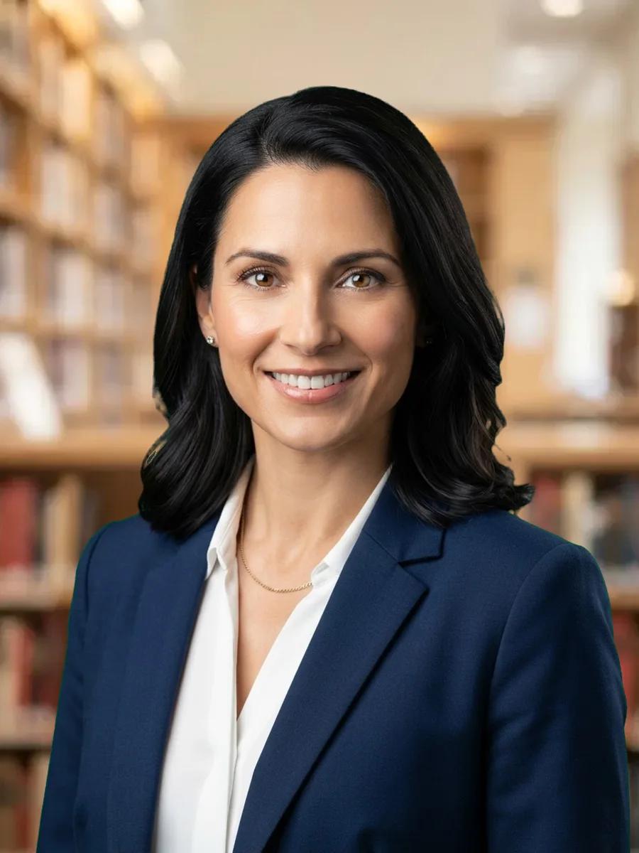 The same headshot in front of a blurred bookshelf