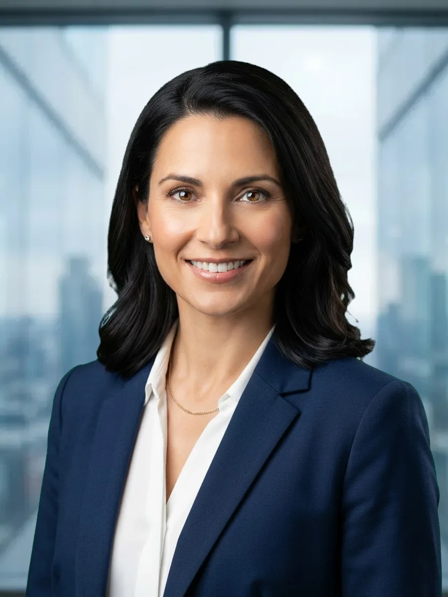 The same headshot in front of blurred office windows