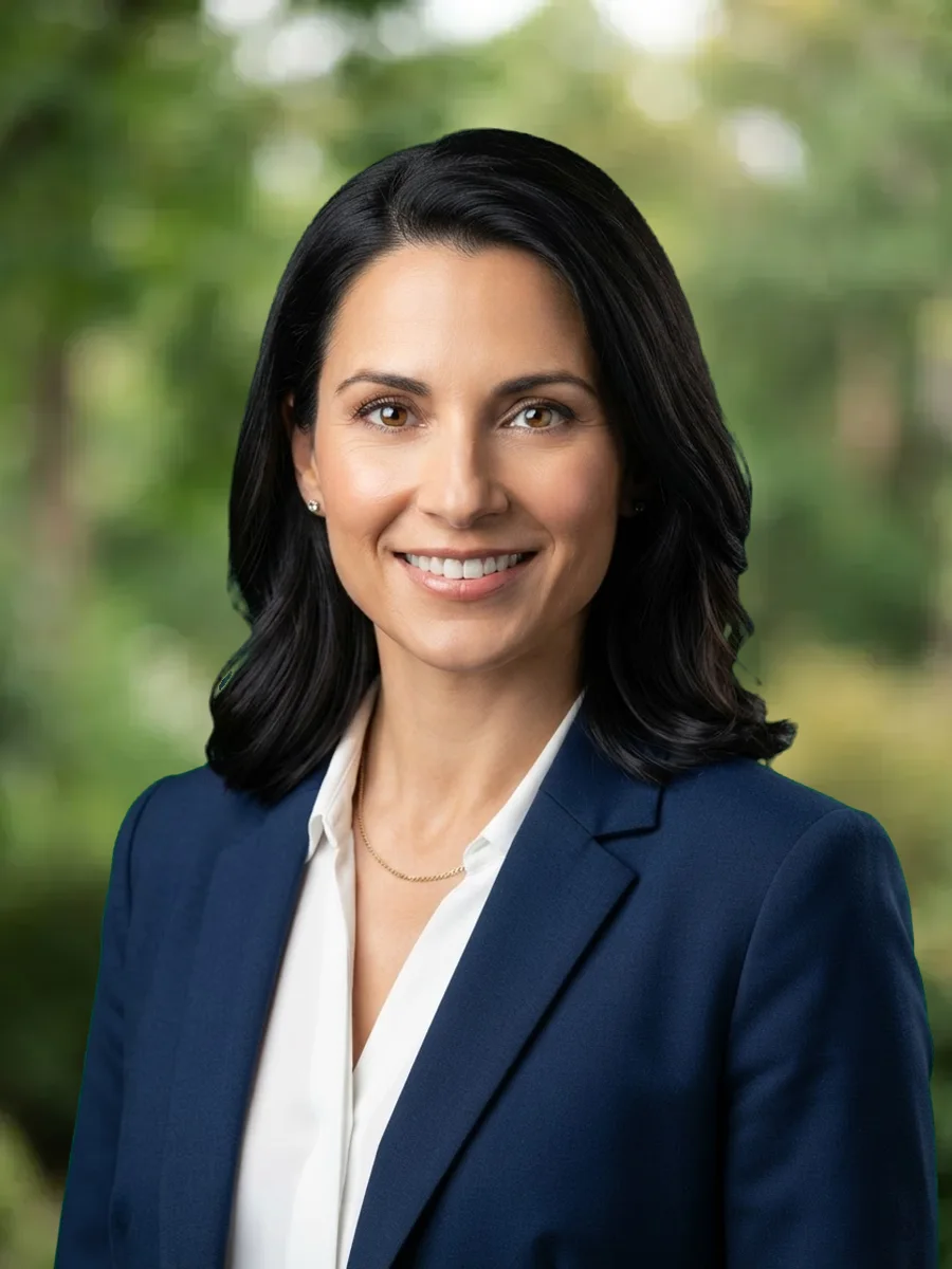 The same headshot with blurred green foliage behind