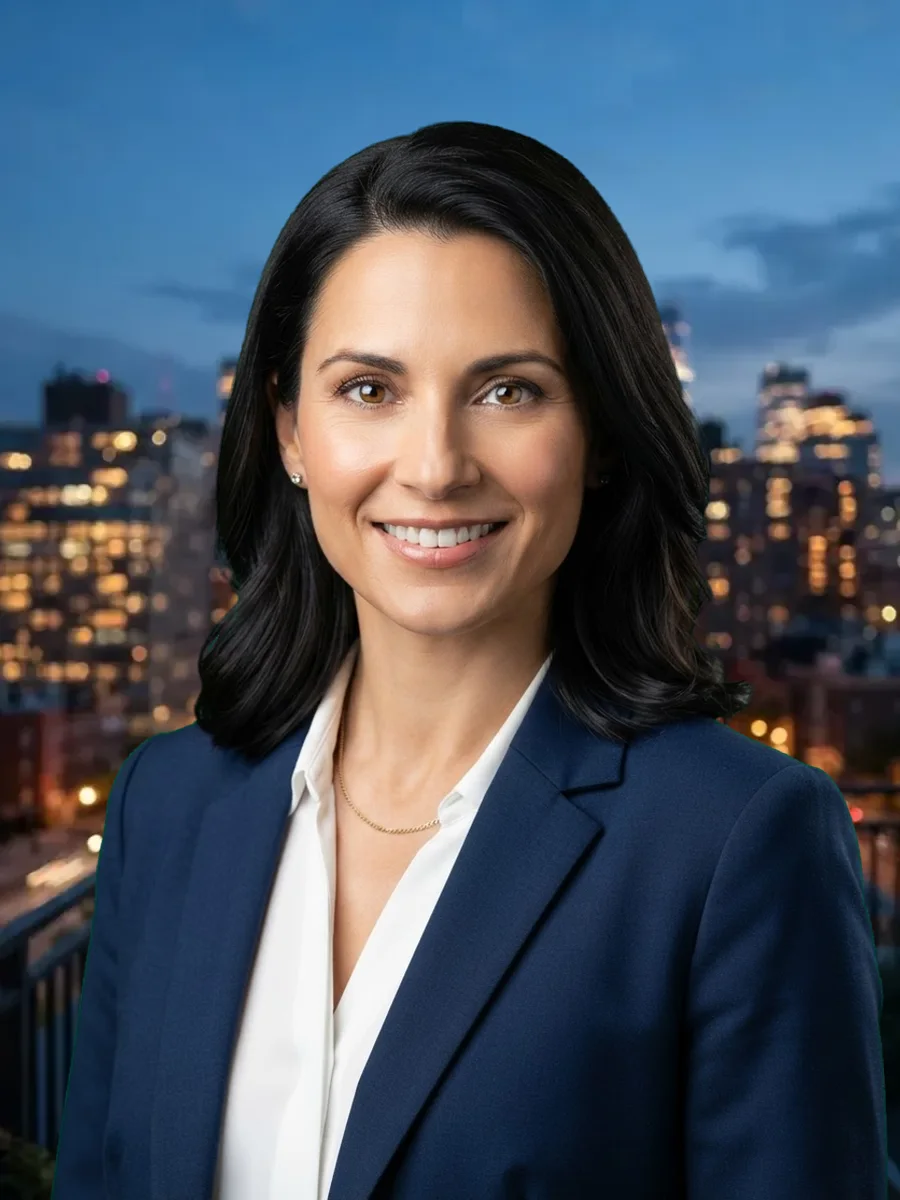 The same headshot with a blurred city skyline at dusk