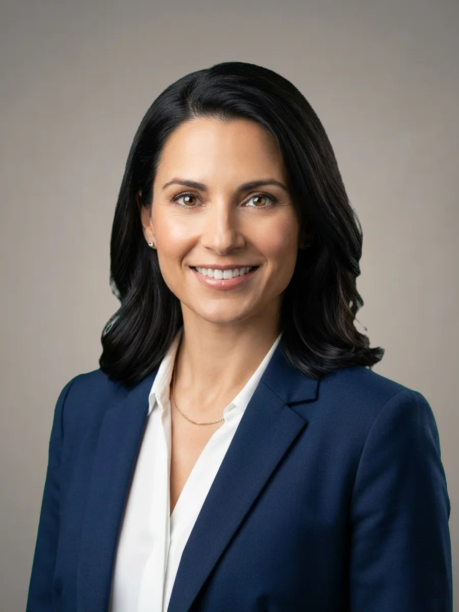 Woman in a navy blazer on a gray studio headshot background
