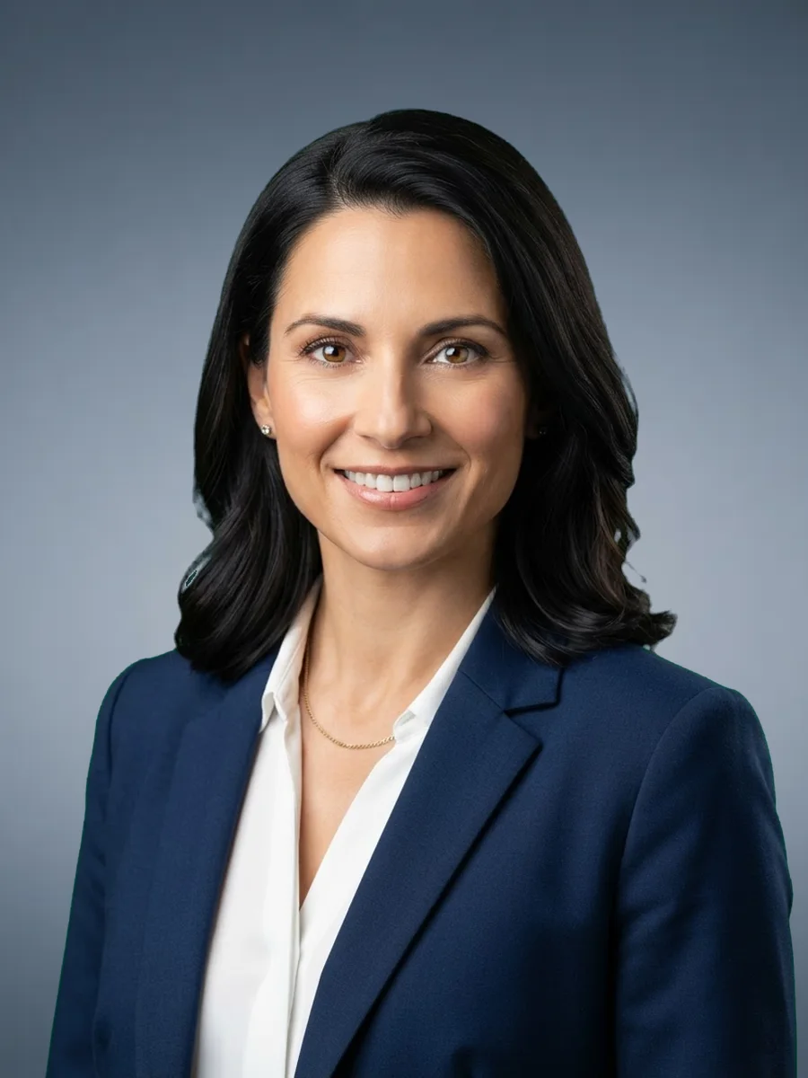 The same headshot on a slate blue studio background