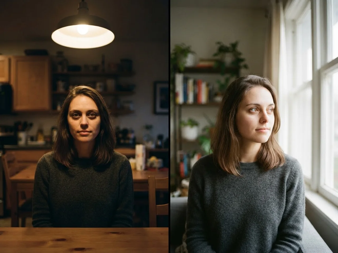 Split image: a person lit from a ceiling light with shadows under the eyes on the left, the same person lit by soft side window light on the right