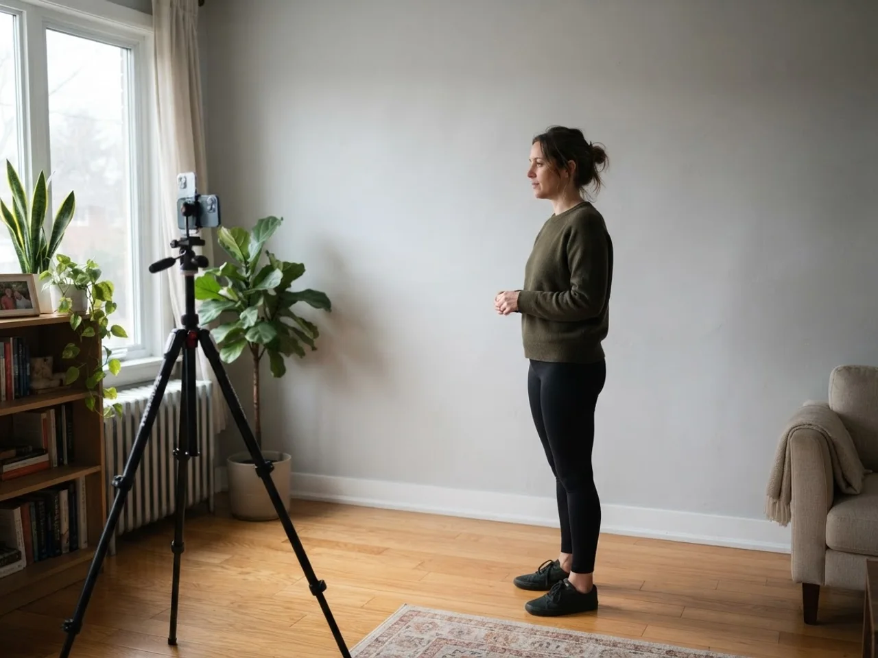 Side view showing the distance between a person and a plain wall, with the phone on a tripod facing them