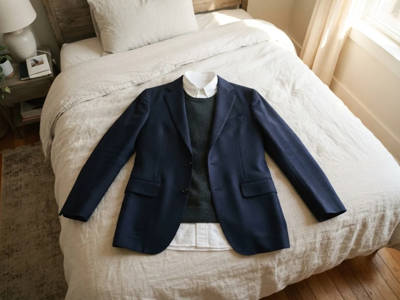 A navy blazer, a white collared shirt and a plain dark sweater laid flat on a bed