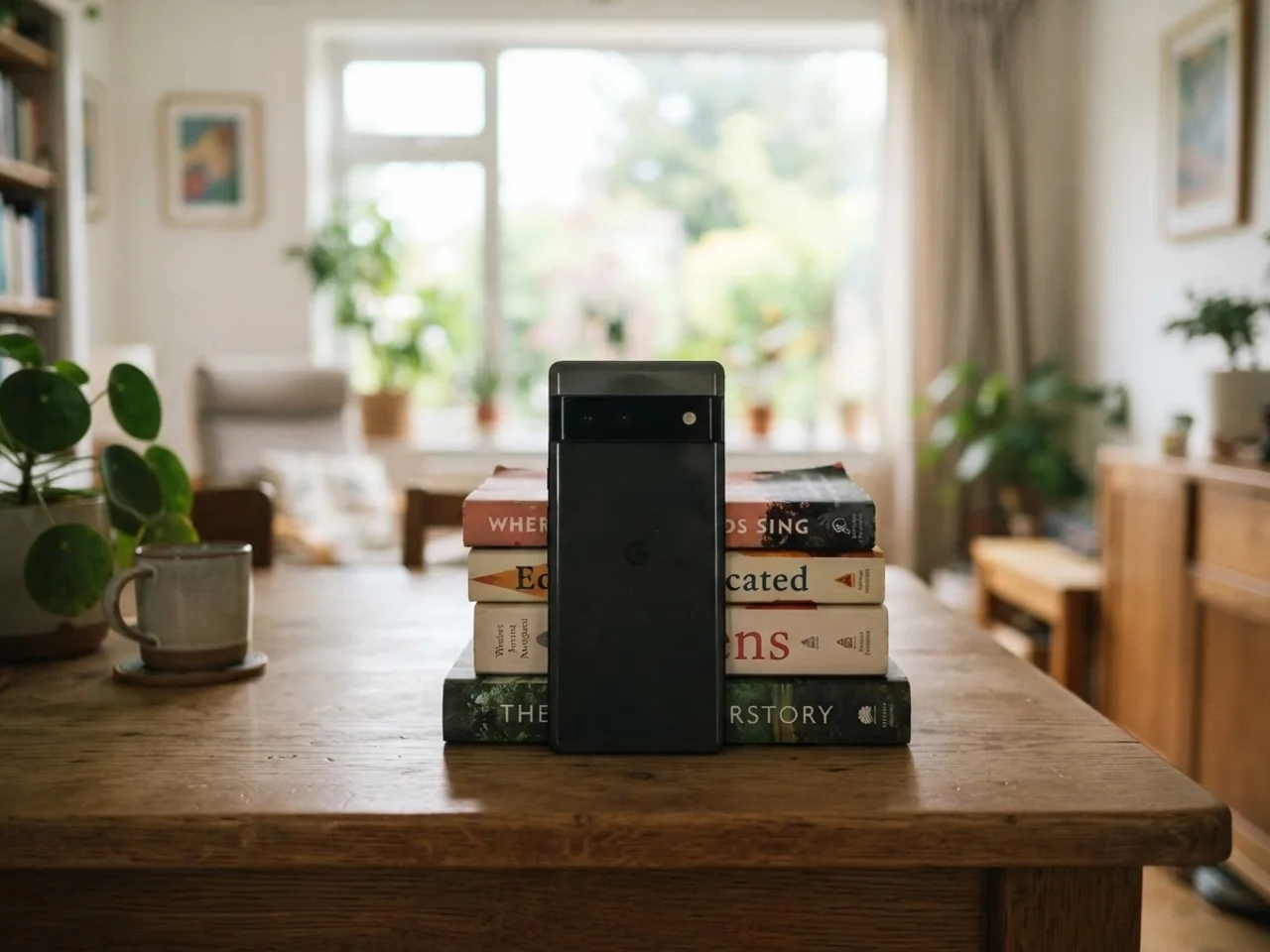 Smartphone propped upright against a stack of hardcover books on a table, rear camera facing out