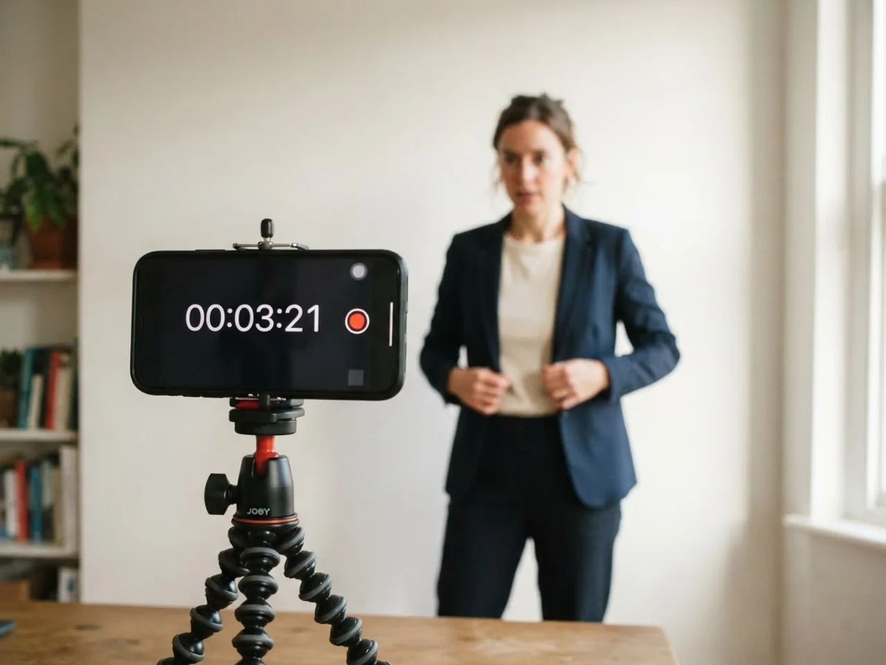 Person in a blazer in front of a plain wall, looking at a phone on a tripod that shows a countdown timer