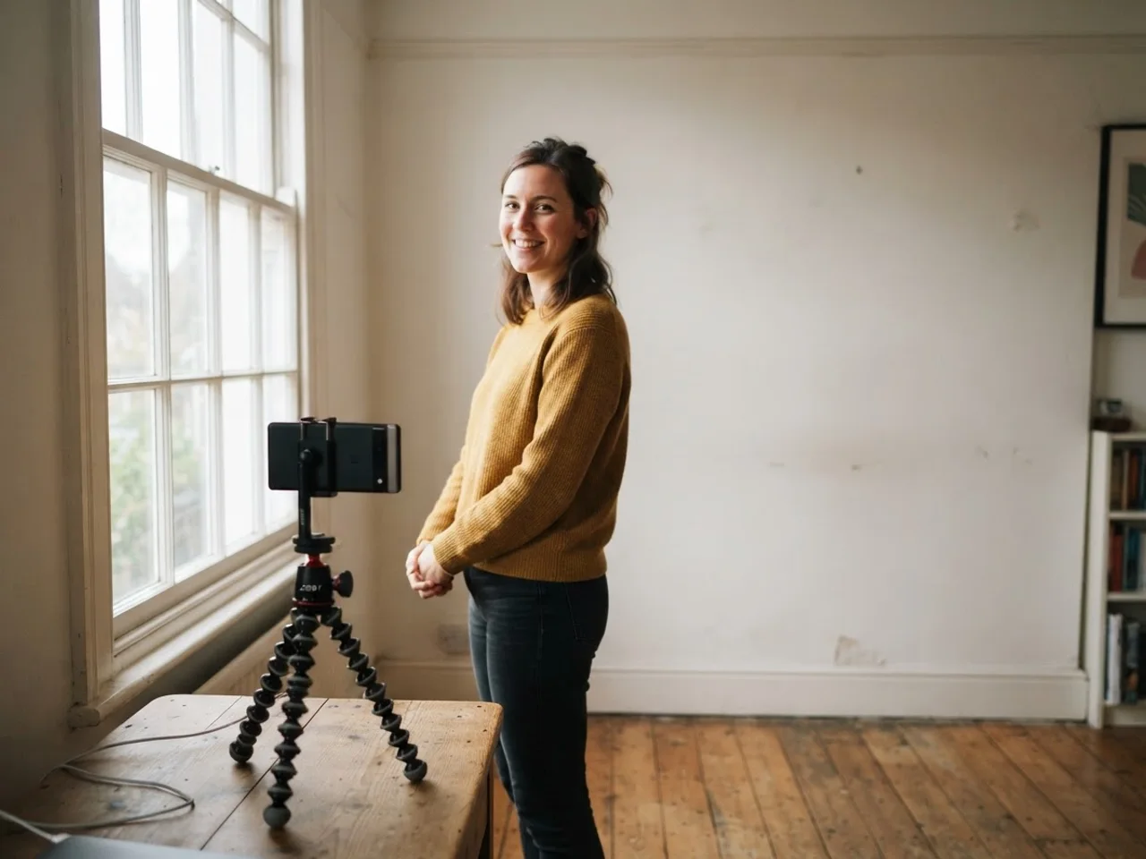 Person standing a meter from a large window, turned 45 degrees to it, with a phone on a small tripod at eye level