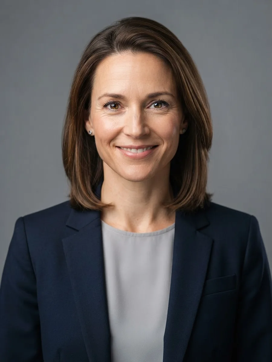 Woman in a navy blazer, shoulders square to the camera, small closed-mouth smile