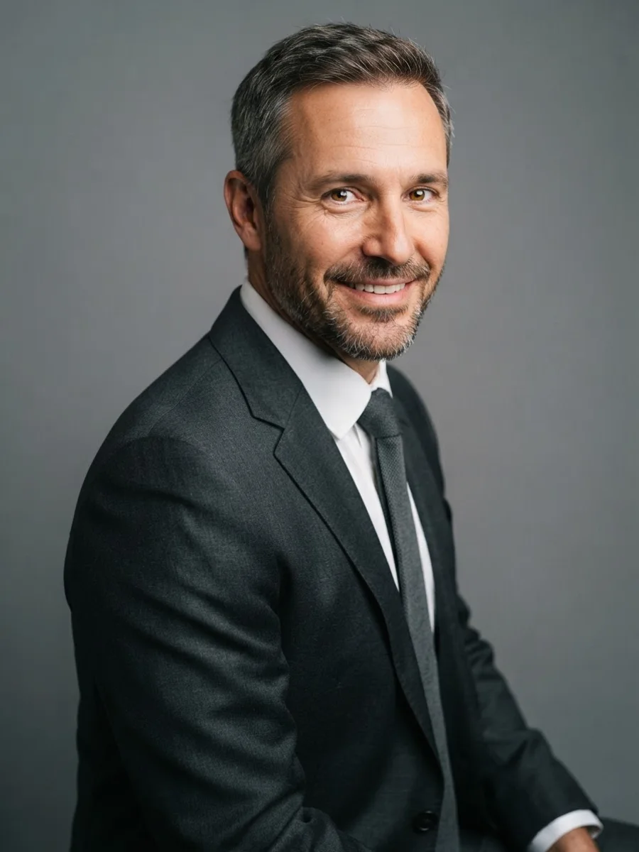 Man in a charcoal suit, body turned 45 degrees, face to the camera