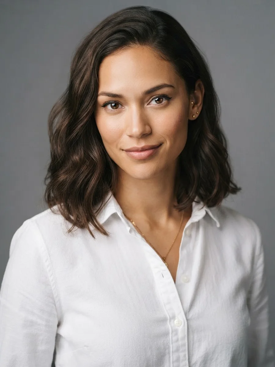 Young woman with chin dipped slightly and eyes lifted to the lens