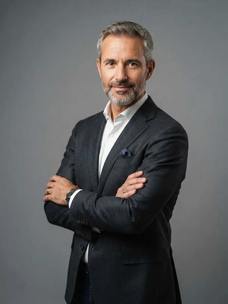 Man in a fitted blazer with arms crossed loosely, one shoulder slightly forward