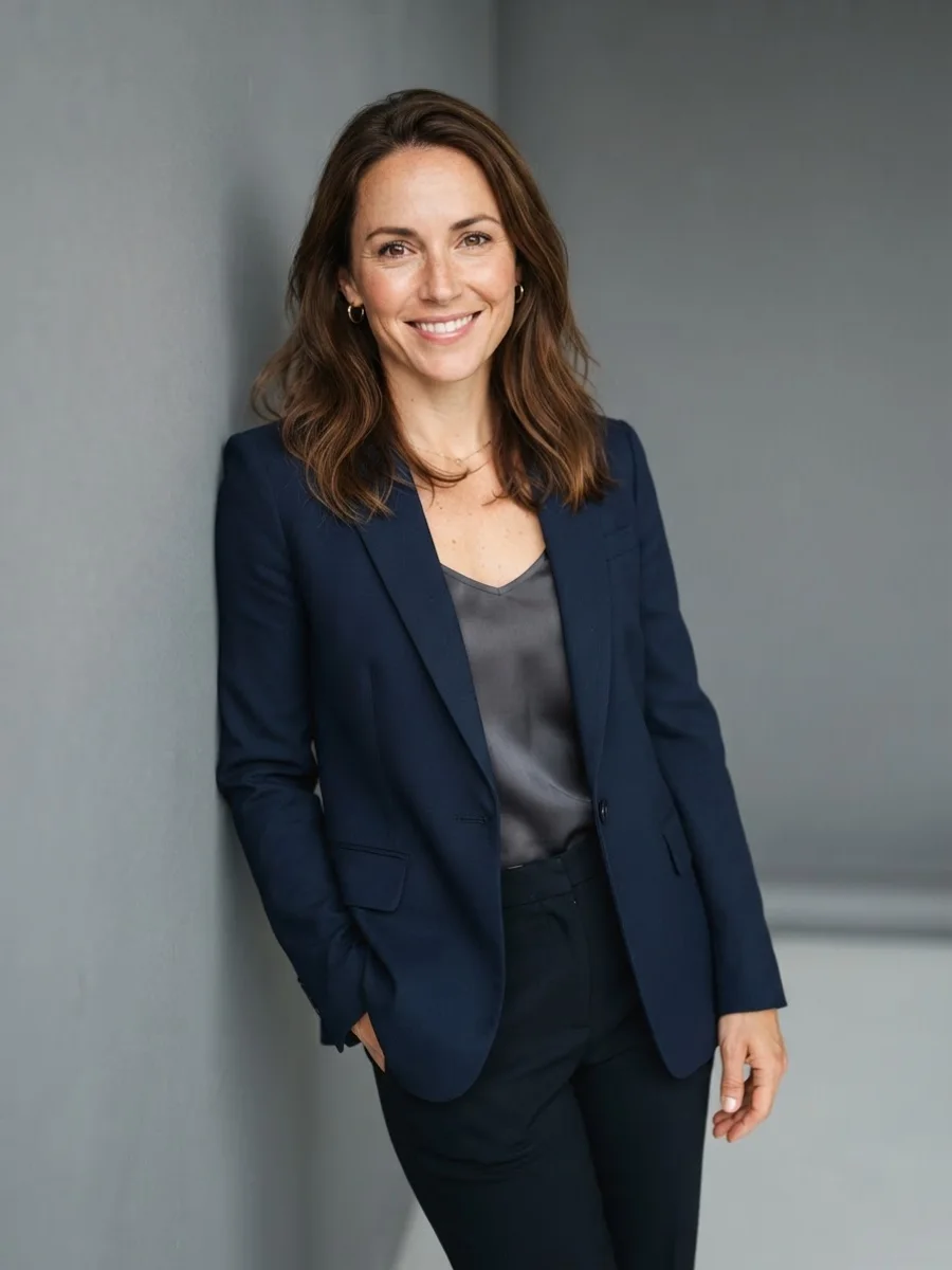 Woman in a blazer leaning a shoulder against a plain wall with one hand in a pocket