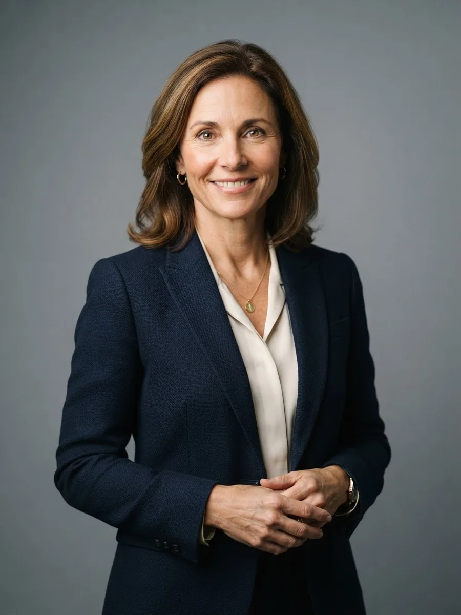 Woman in a blazer with hands clasped gently in front at waist height, upright posture