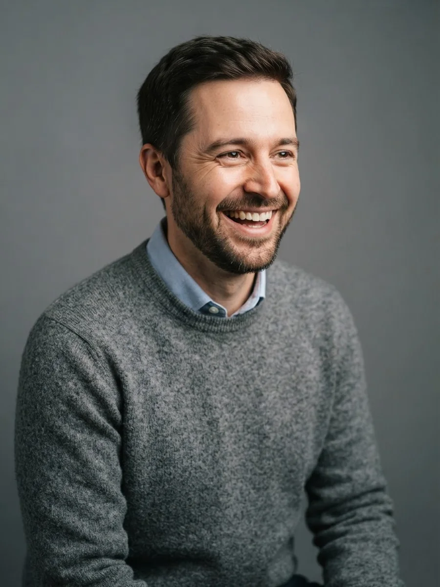Man in a sweater over a collared shirt laughing with his eyes looking slightly off camera