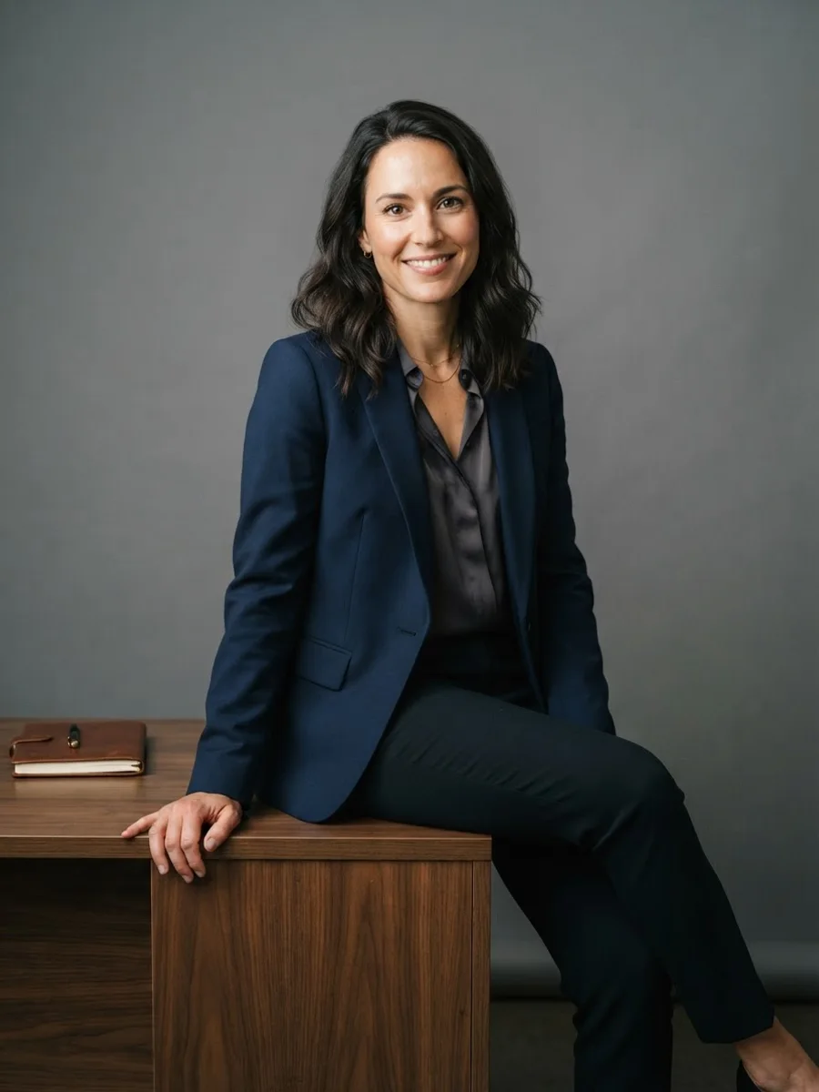 Woman perched on the edge of a desk with one hand resting on it, relaxed and open