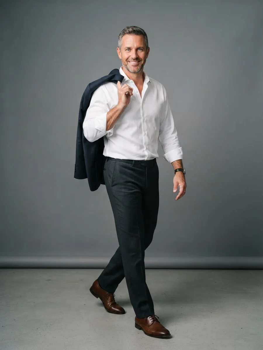 Man in a white shirt holding a suit jacket over one shoulder with a hooked finger, mid step