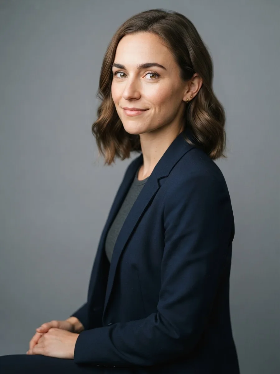 Young woman with her body turned 90 degrees and her face turned 45 degrees toward the camera, soft smile
