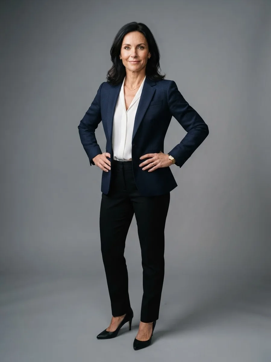 Woman in a tailored blazer standing with both hands on her hips, strong executive presence