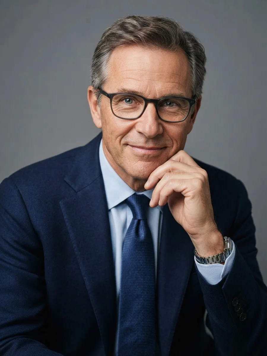 Man in his fifties with glasses, one hand resting lightly near his chin, thoughtful expression
