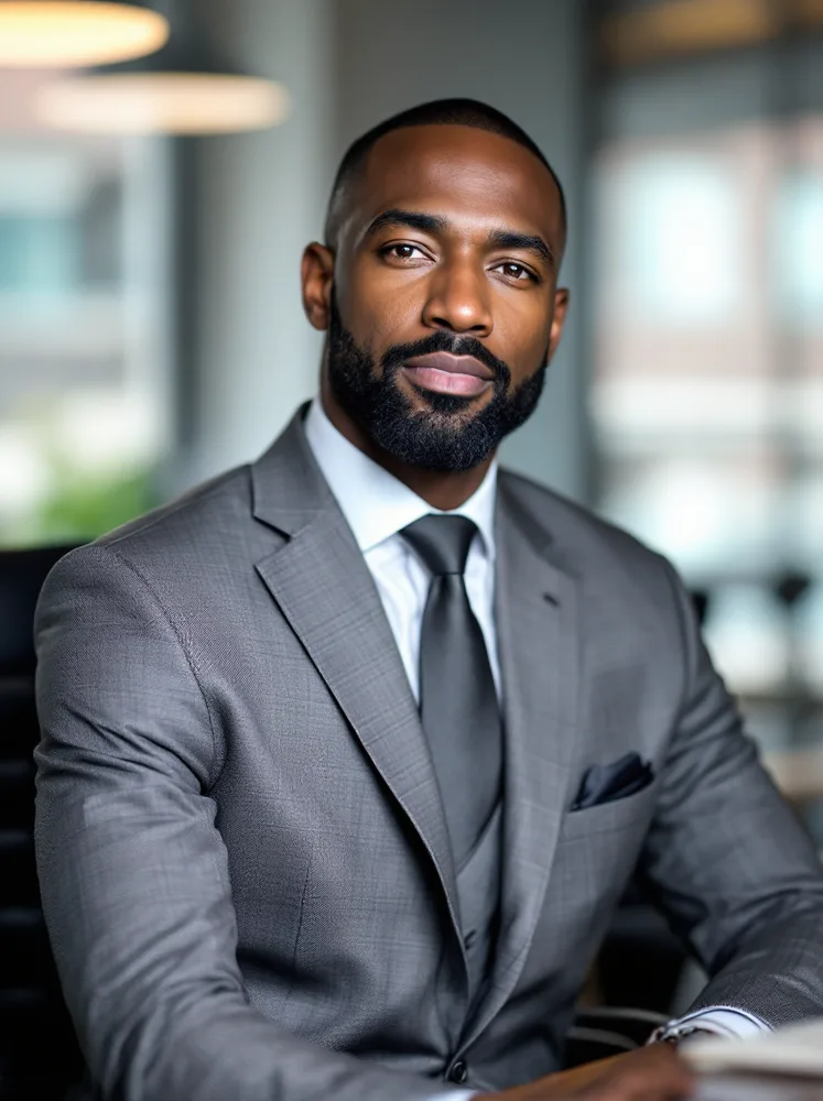 AI attorney headshot: three piece suit, firm meeting room
