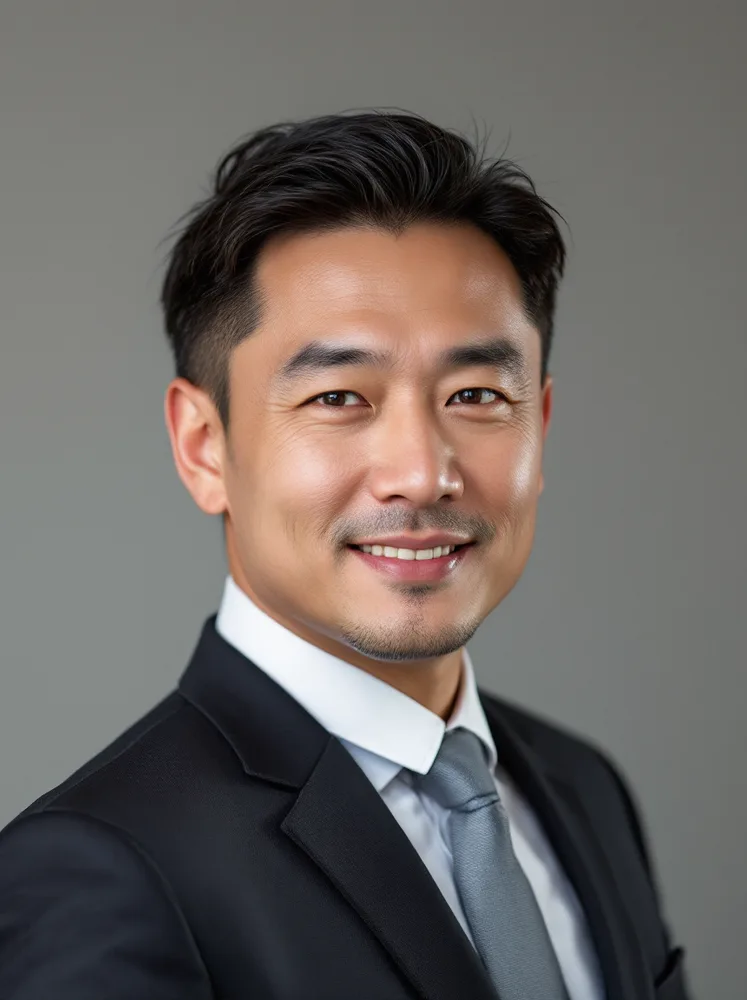AI attorney headshot: grey seamless, tie on: Martindale-ready