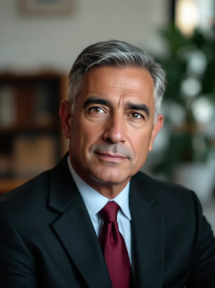 AI attorney headshot: burgundy tie, dark suit: the trust uniform