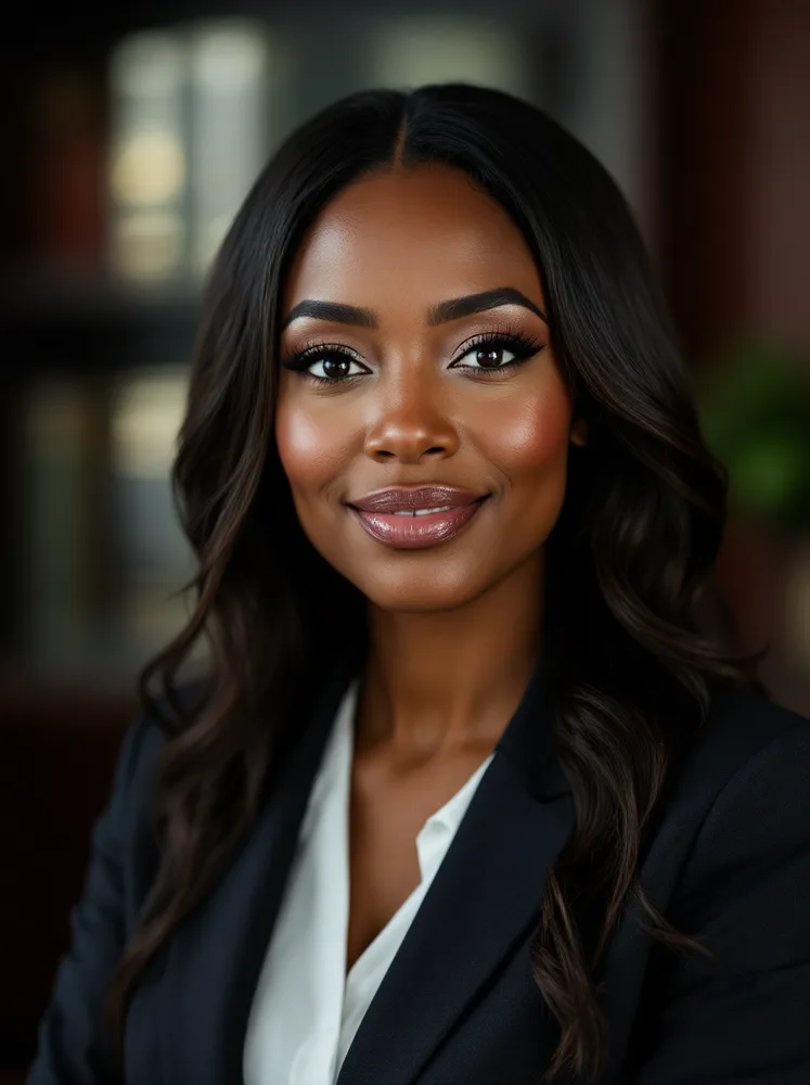 AI attorney headshot: dark wood office, composed and unsmiling: correct here