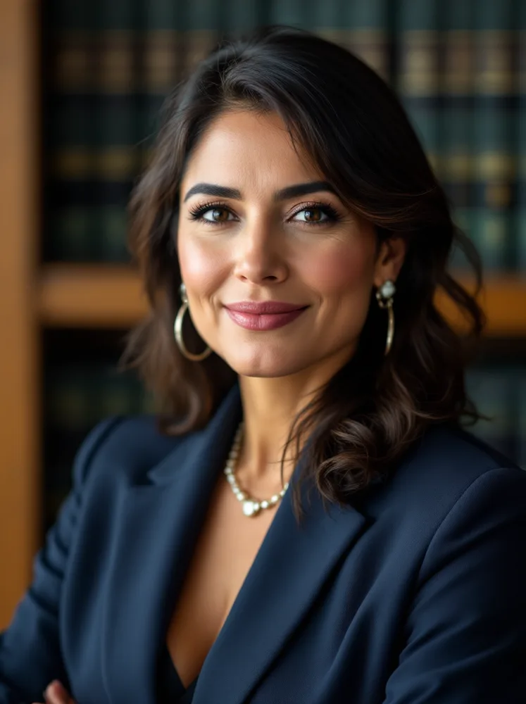 AI attorney headshot: law library shelves, blurred so they stay context