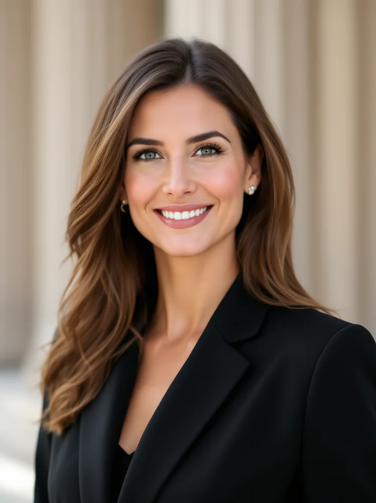 AI attorney headshot: courthouse columns behind, litigation signaling