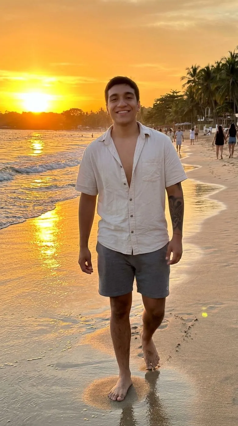 Nano Banana 2 scene: beach sunset walking