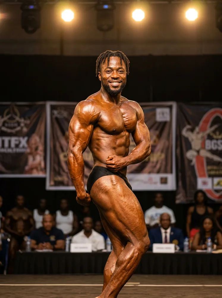AI bodybuilding photo example, competition stage posing