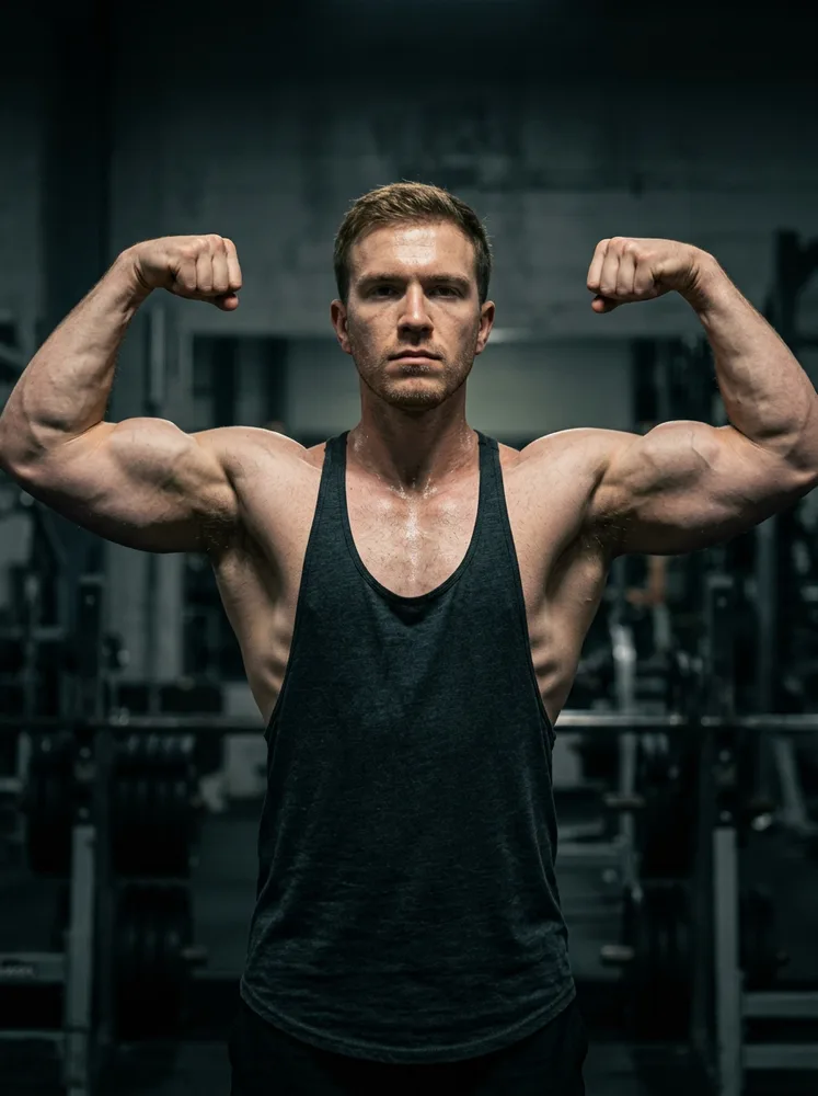 AI bodybuilding photo example, front double biceps pose