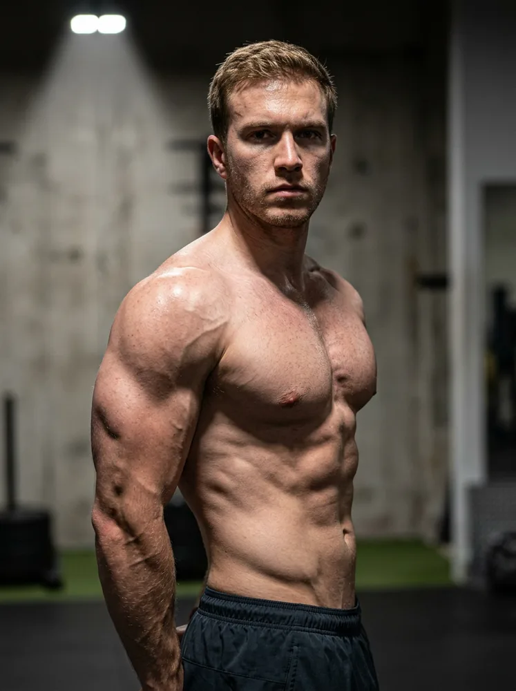 AI bodybuilding photo, side chest pose