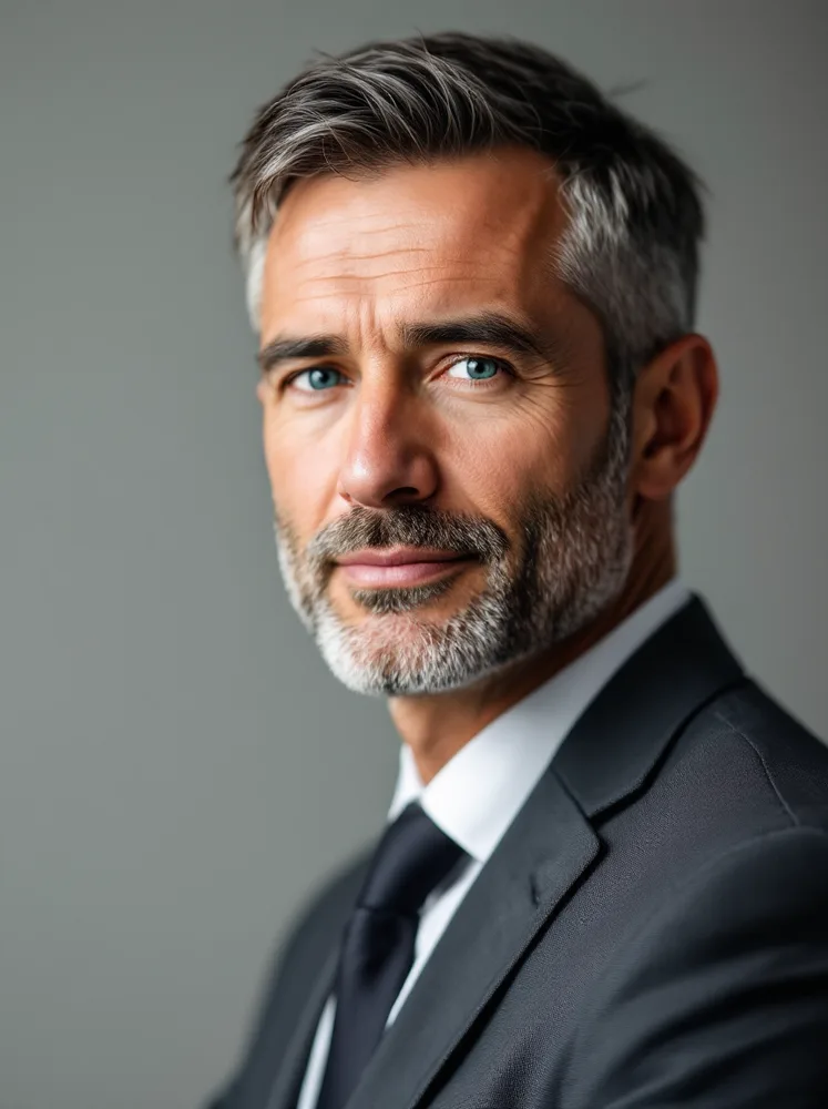 business headshot example, formal suit on seamless