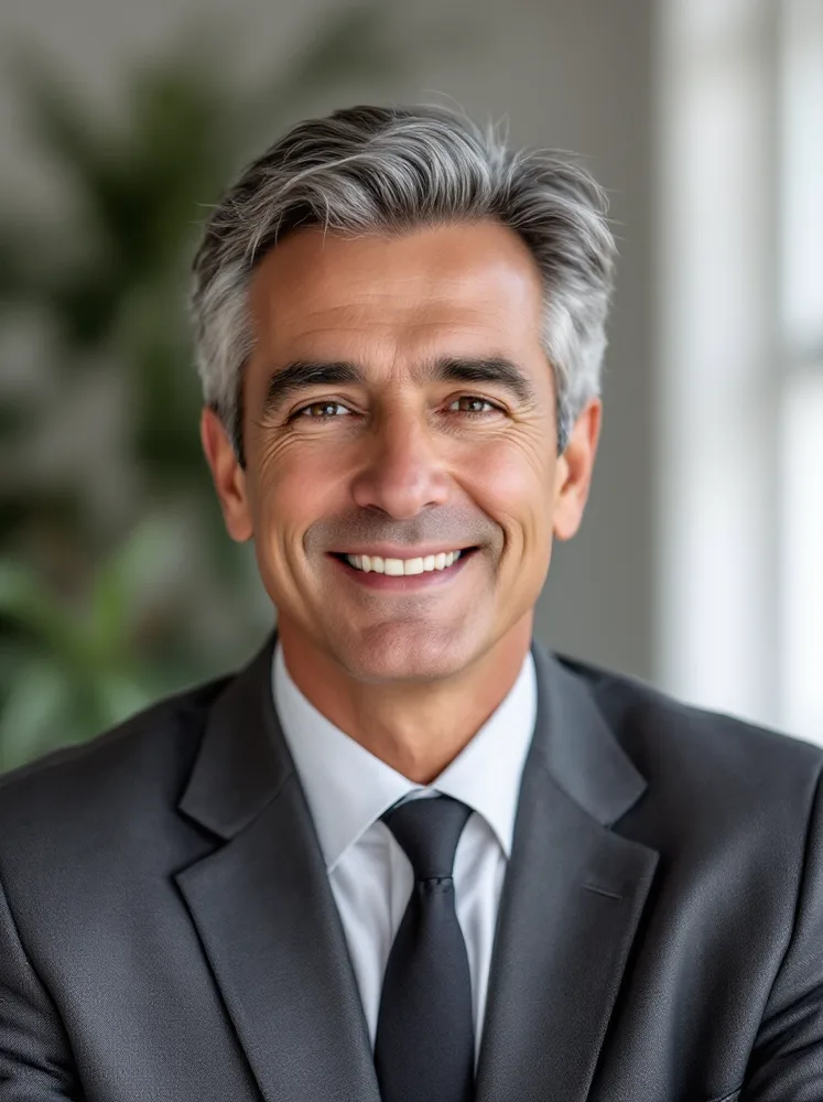 AI business headshot: office with plants, softer than seamless, still business