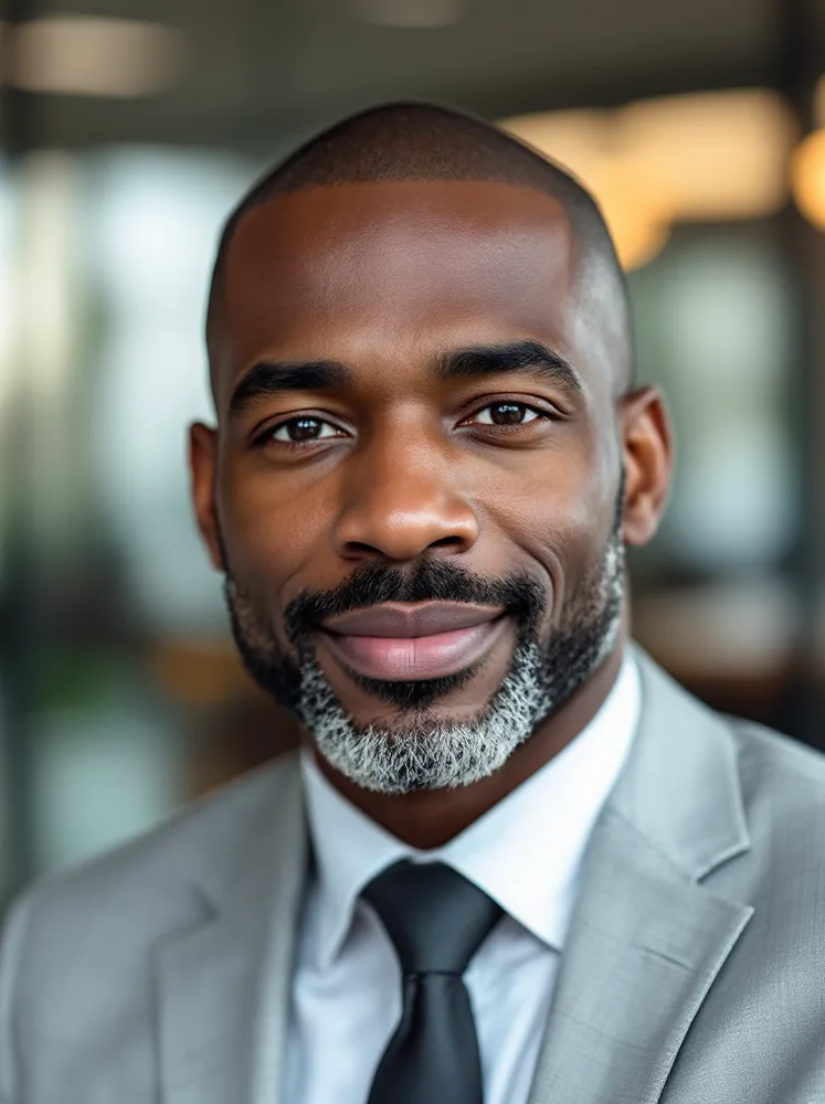 AI business headshot: glass meeting room, light suit