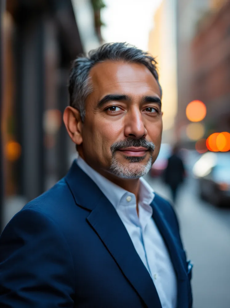 AI business headshot: downtown golden light, sales-friendly warmth