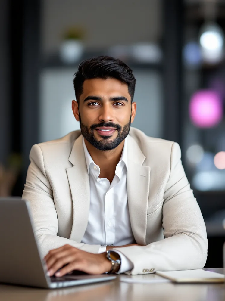 AI business headshot: desk with laptop, looser crop for team pages