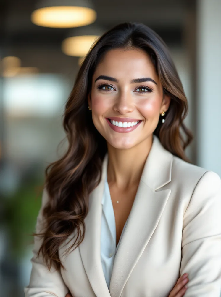 AI business headshot: bright office blur, warm smile for client-facing roles
