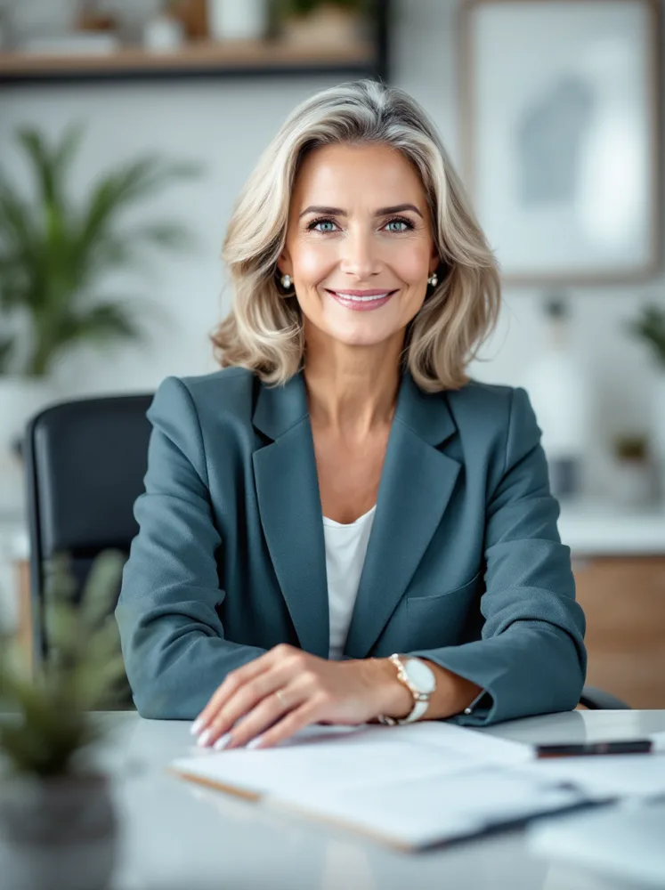 business headshot example, seated at a desk