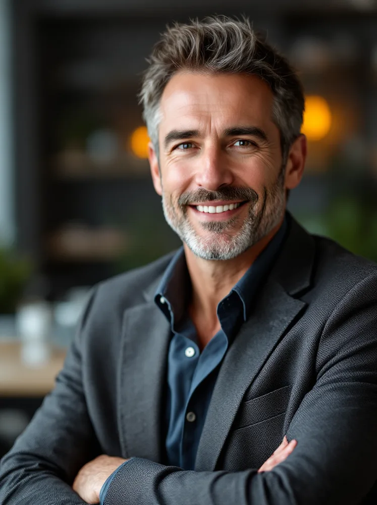 AI consultant headshot: open collar and blazer, the consulting uniform